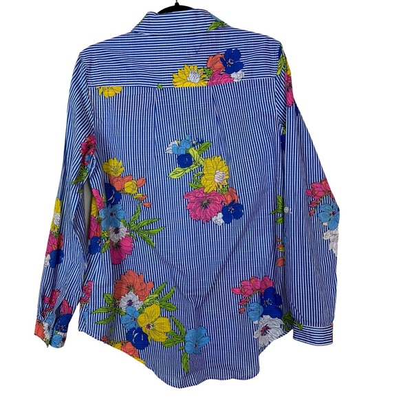 Vincente Striped Floral Career Professional Blue White Lightweight Blouse Top - Picture 3 of 5